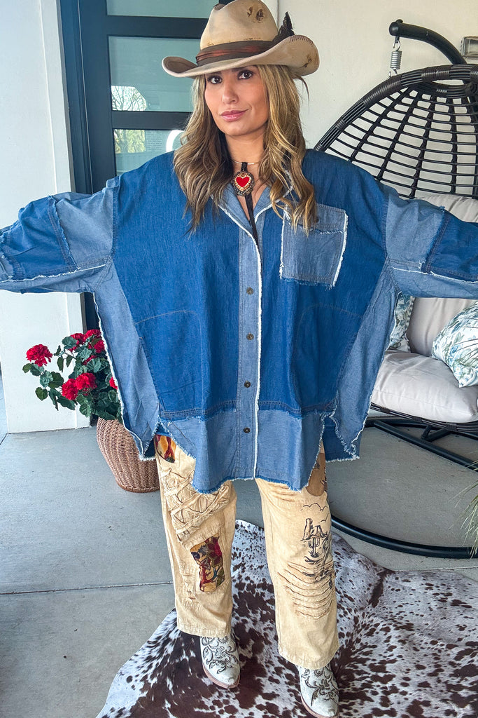 Peace Sign Patchwork Denim Oversized Top - 100% Cotton