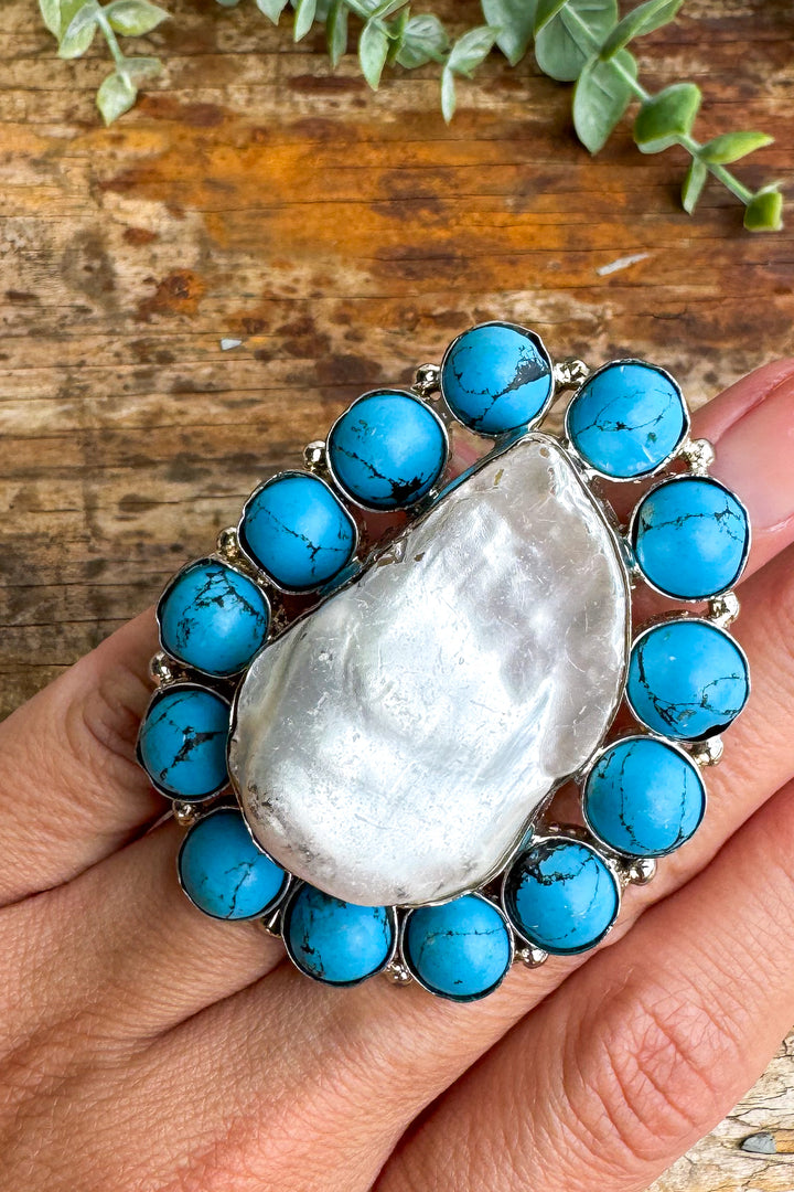 Baroque Pearl and Blue Accent Ring