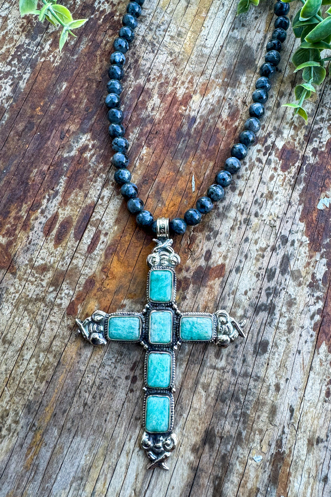 Amazonite Cross Gemstone Silver Plated - Black Labradorite Pebbles - Jaded Gypsy