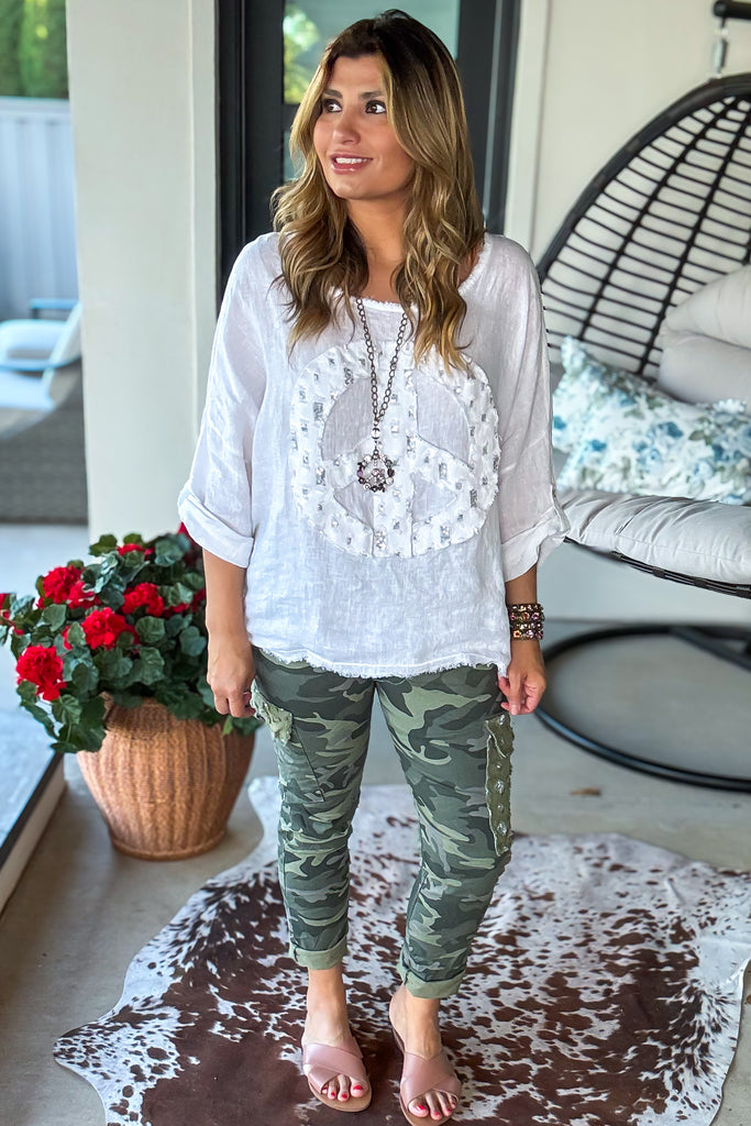 Made in Italy Scrunchy Stretch Cargo Jogger Pants – Ultra Comfortable - Green Camo Sequin (Size 6 to 24)