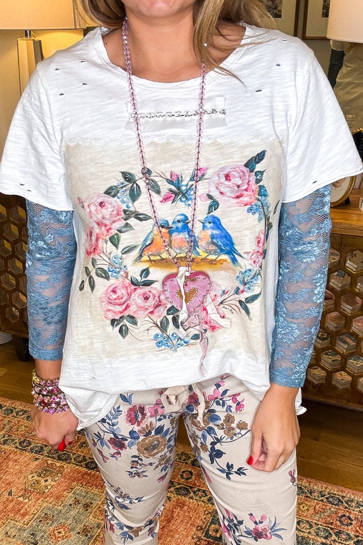Songbirds Floral Cotton Top - 100% Cotton - Short Sleeve - Made in USA
