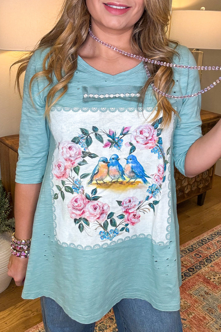 Songbirds Floral Cotton Top - 100% Cotton - Sage
