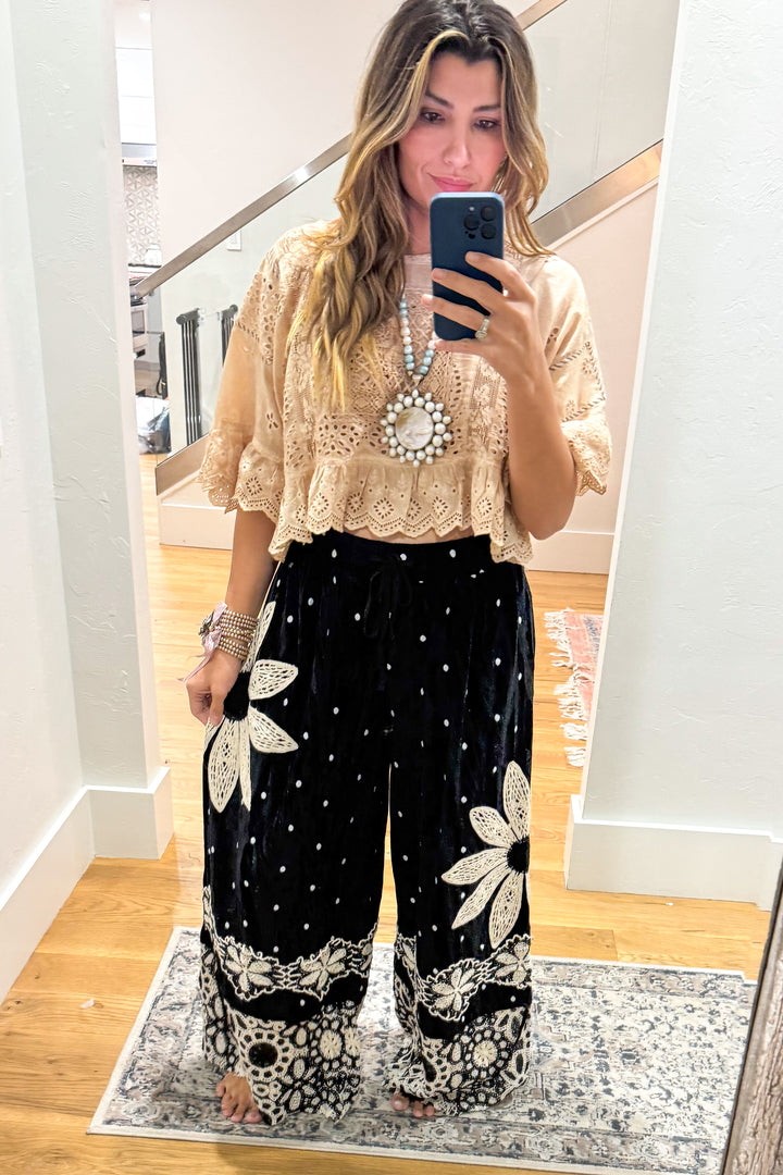 Crochet Flowers and Black Velvet Pantaloons