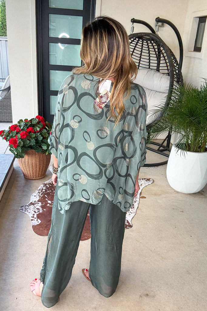 Medallion Drape Silk Top - Olive - Made in Italy