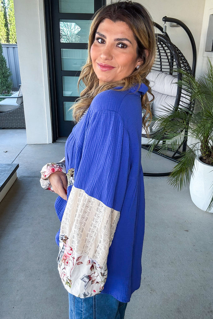 Patchwork Bloom Oversized Top - 100% Cotton  Blue