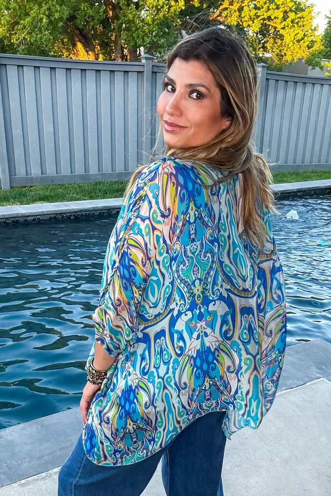 Summer in Capri Silk Stretch Top – Made in Italy - Italian Silk - Blue