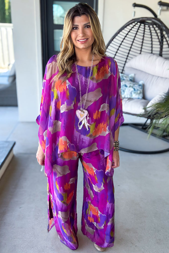 Rush Of Radiance Silk Stretch Palazzo Pants - Made in Italy