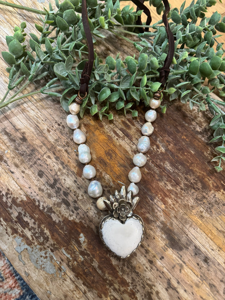 Bone Heart Pendant with Fresh Water Pearls - Handmade in Texas