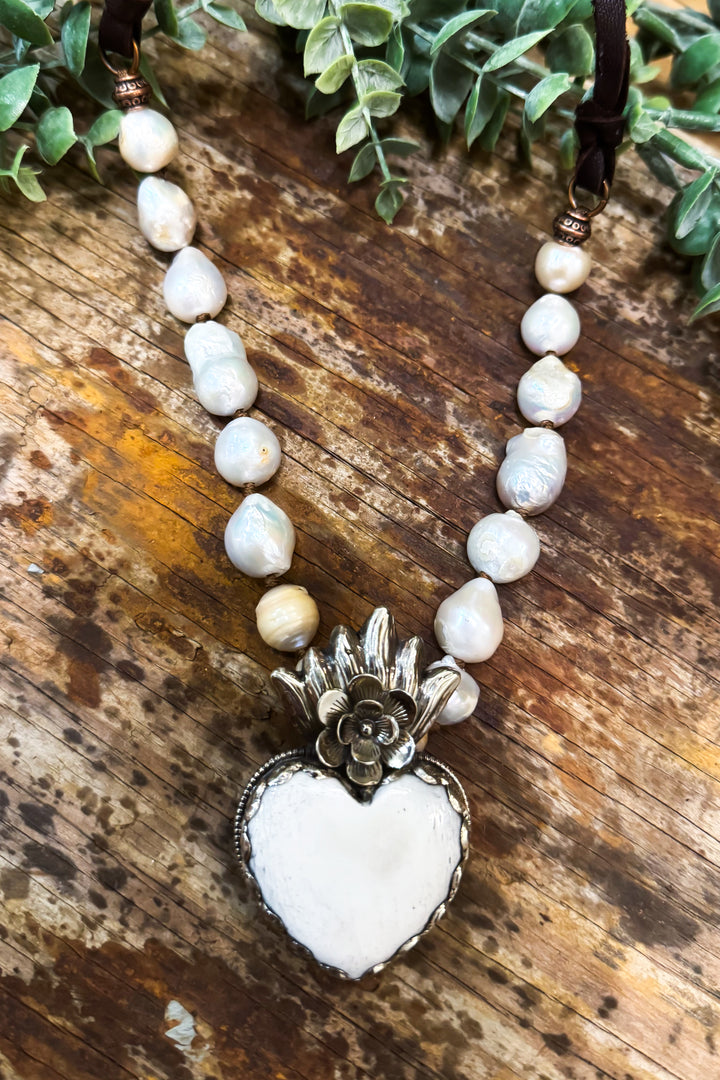 Bone Heart Pendant with Fresh Water Pearls - Handmade in Texas
