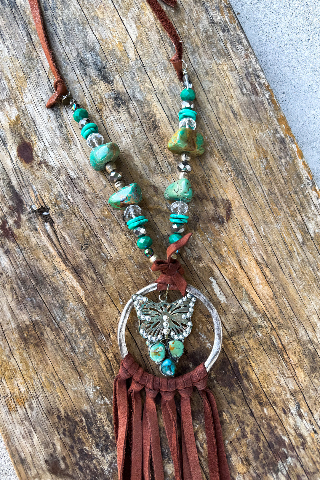 Real Turquoise Pebble with Suede Silver Plated Necklace
