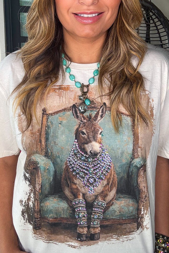 Bedazzled Burro Rhinestones Shirt - Turquoise - 100% Cotton