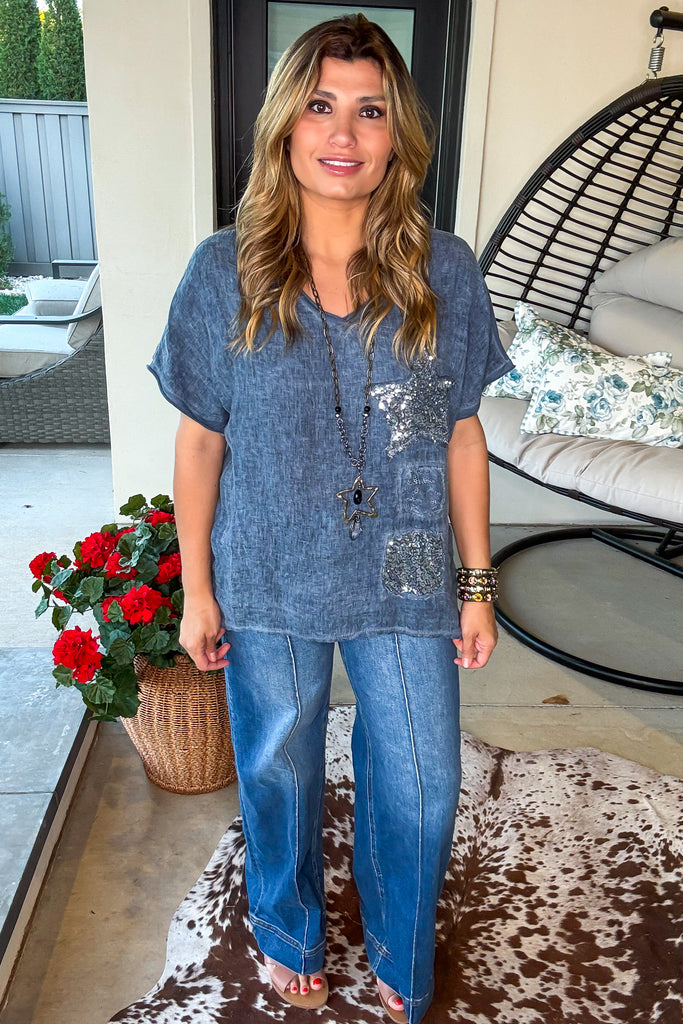 Sequin Skies Cotton Blend Tunic - Made In Italy - Blue - Cotton Linen Blend