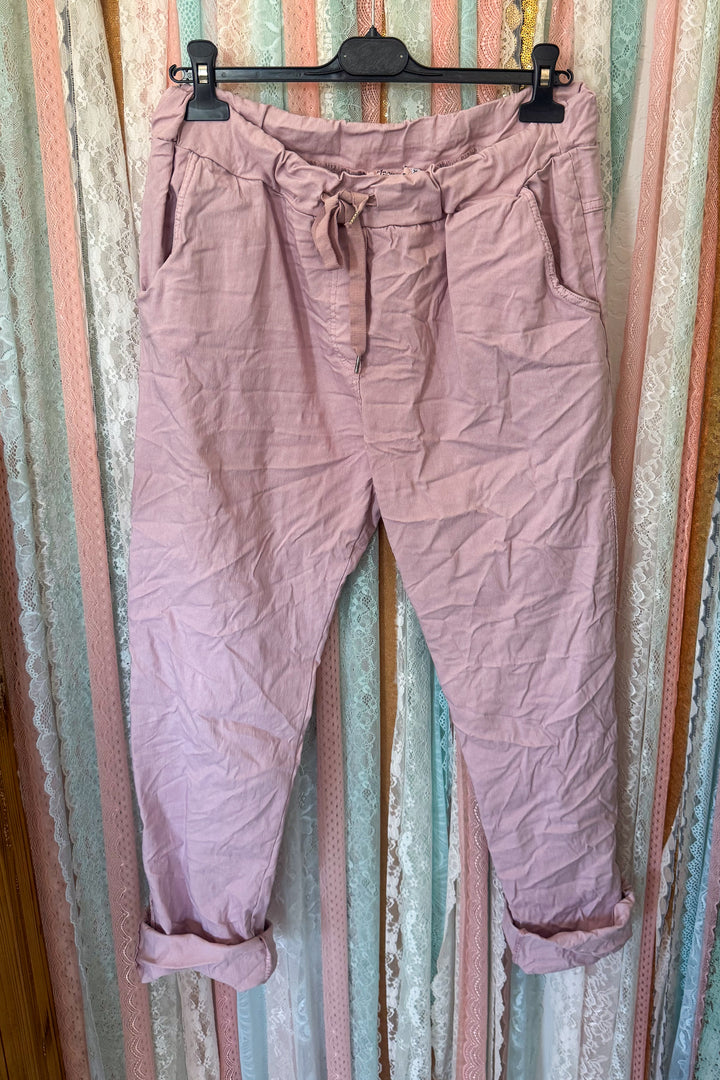 Made in Italy Scrunchy Stretch Lace Trim Jogger Pants – Ultra Comfortable - Mauve - SIZE 14 TO 24
