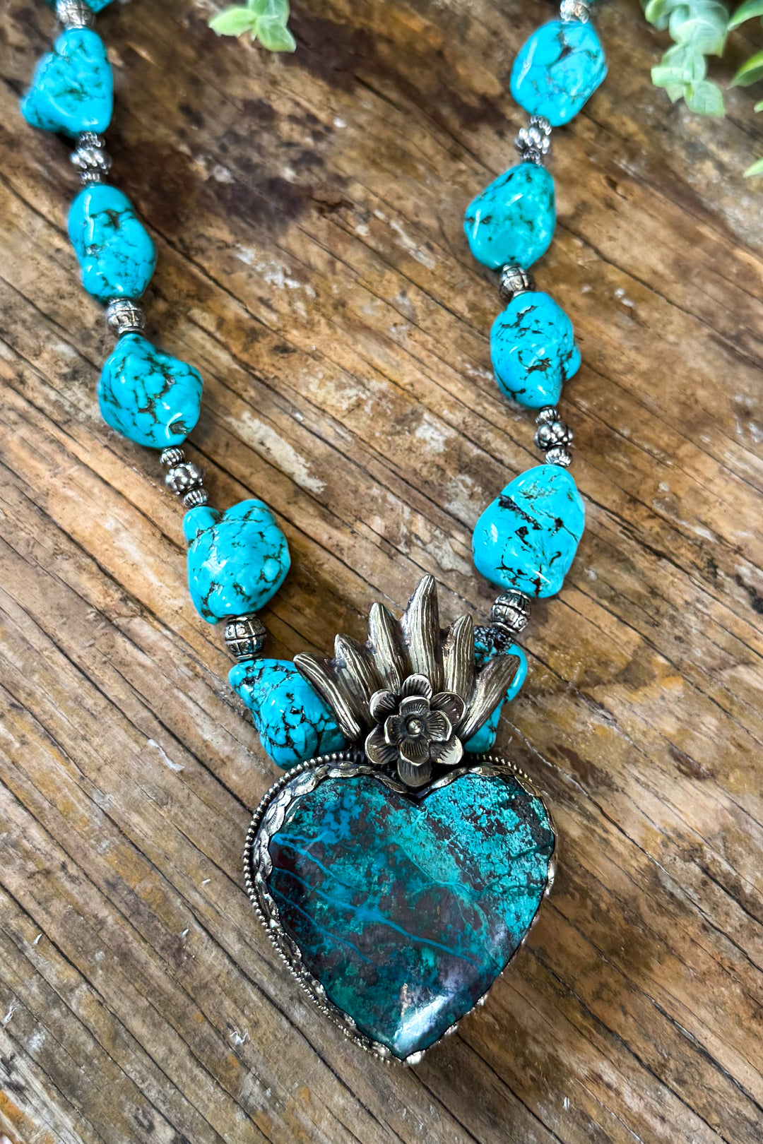 Turquoise Heart and Turquoise Pebble Necklace - German Silver