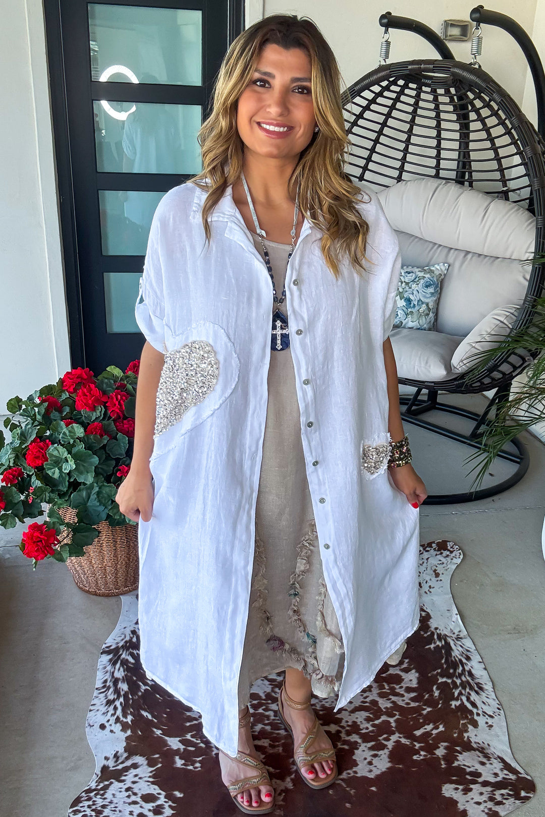 Sparked Affection Sequin Duster - 100% Linen - White - Made in Italy