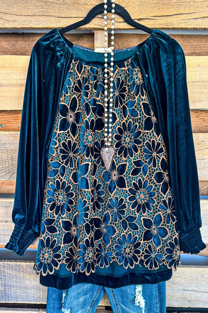 Plush Petals Velvet Blouse - Hunter Green