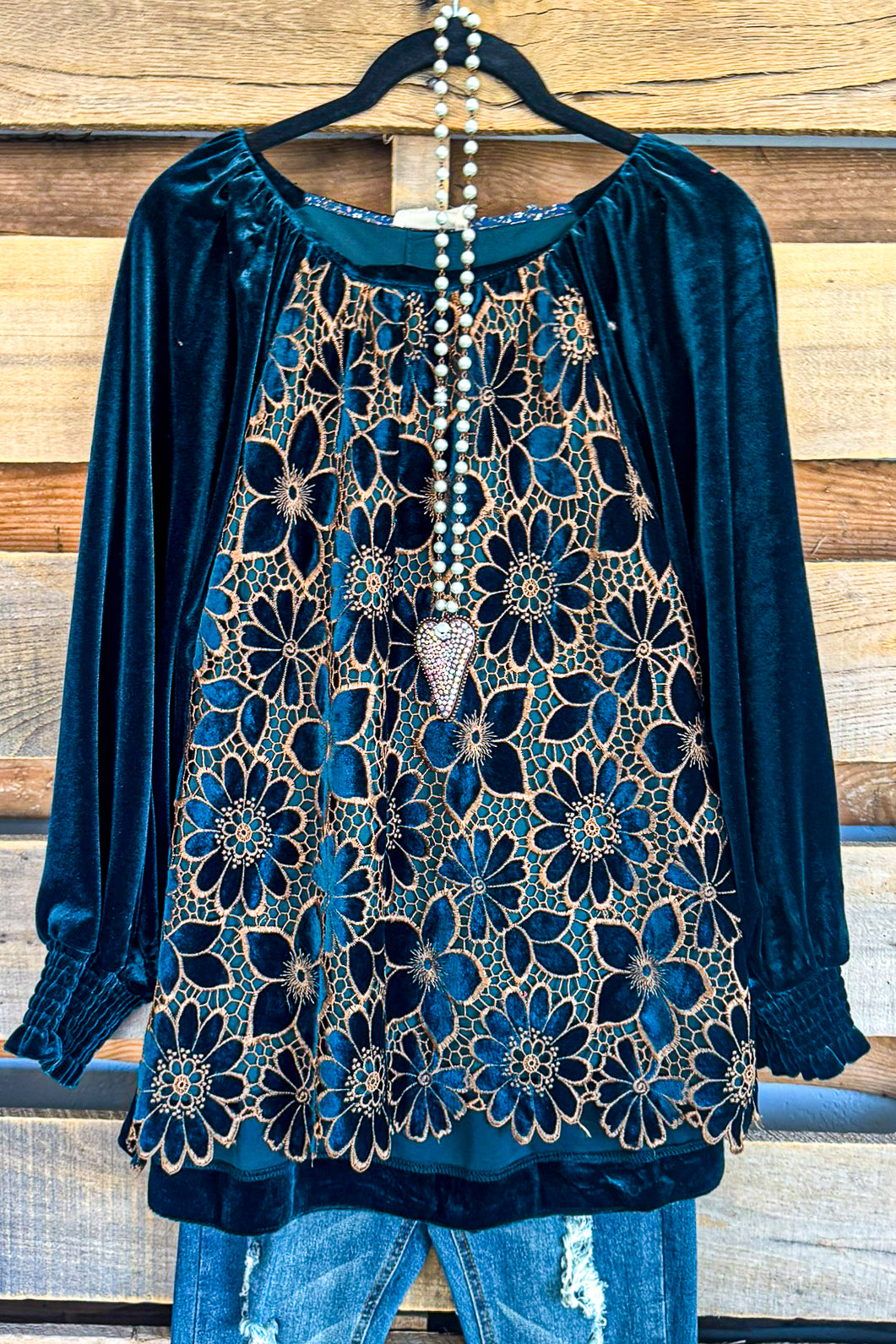Plush Petals Velvet Blouse - Hunter Green