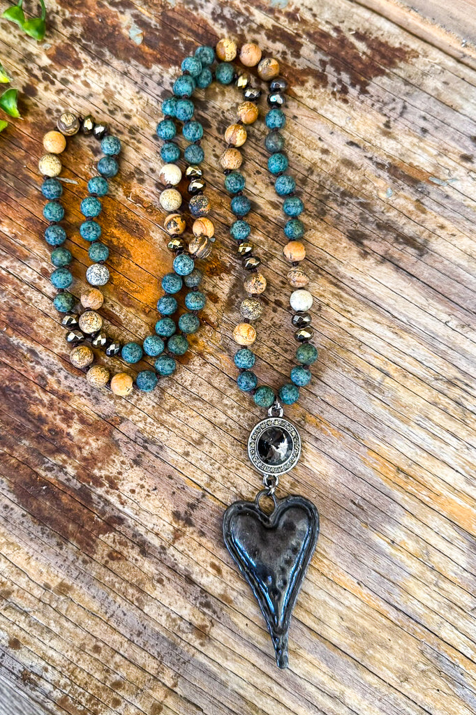 Crossing Lines Stone Heart Necklace - TQ/NAT