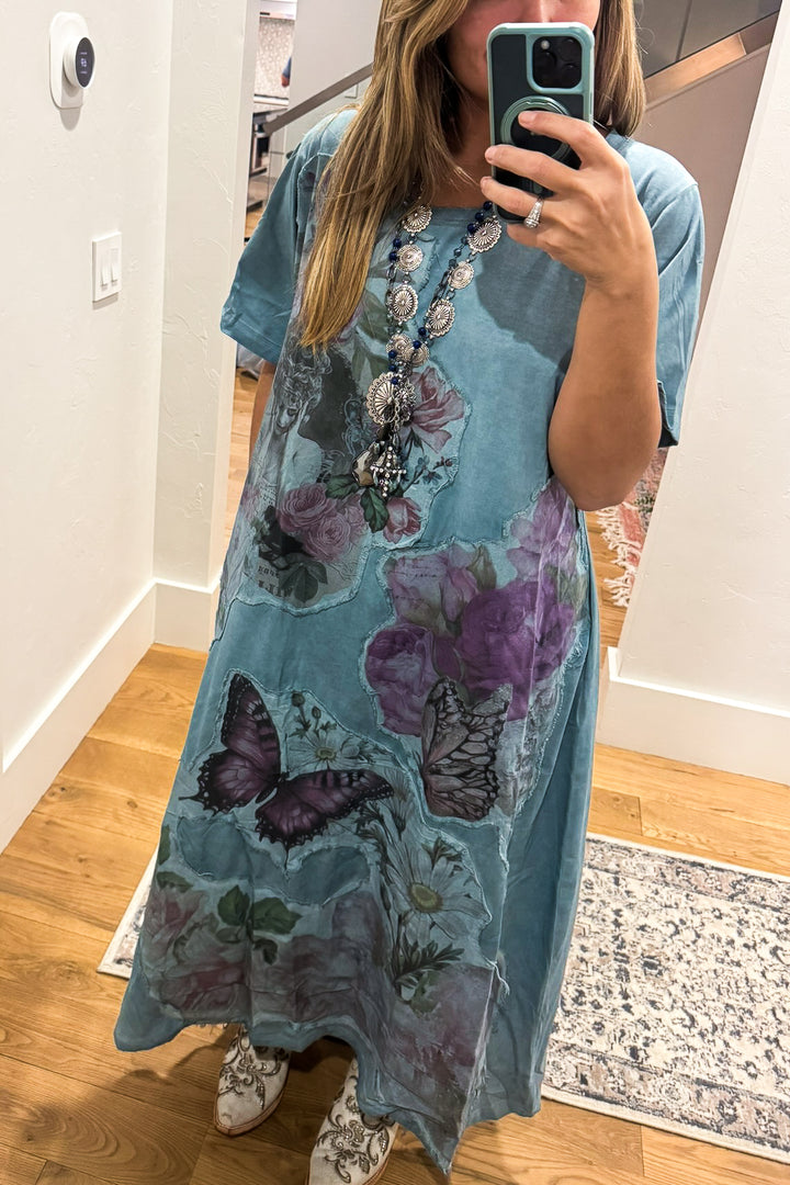 The Painted Garden Heirloom Blue Maxi Dress - 100% Cotton