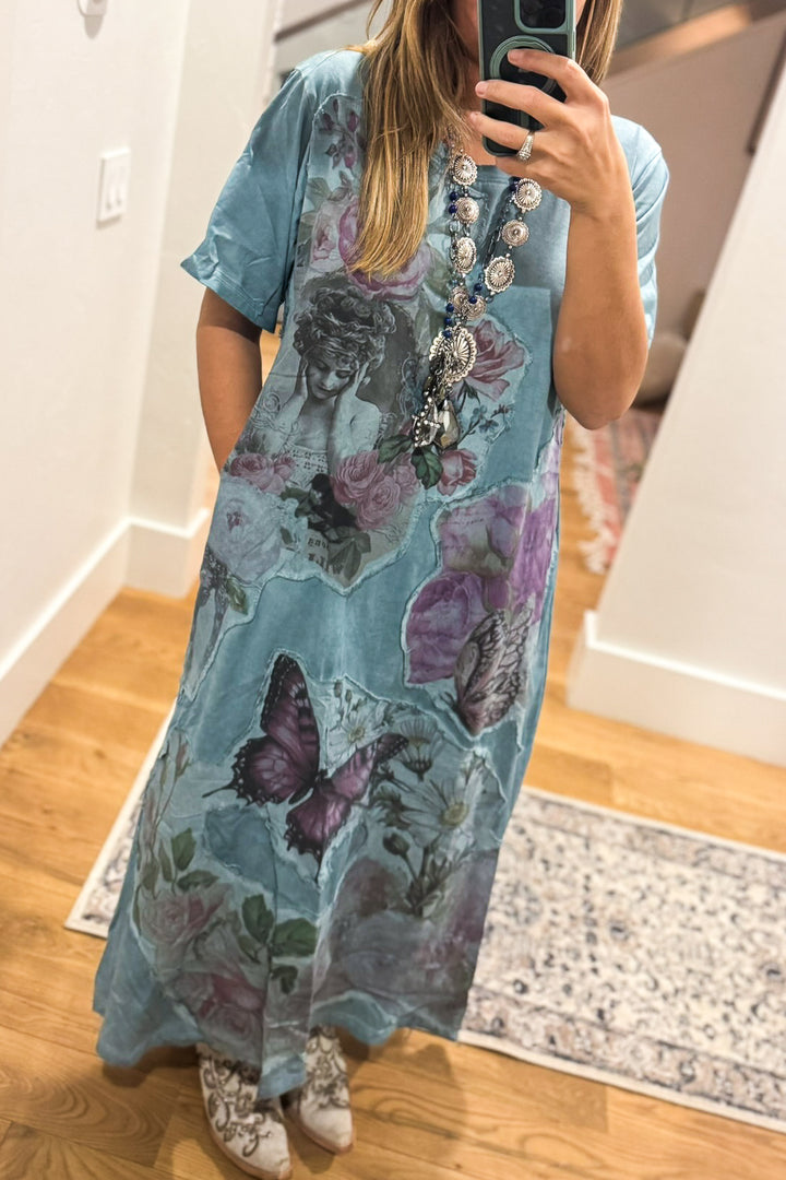 The Painted Garden Heirloom Blue Maxi Dress - 100% Cotton