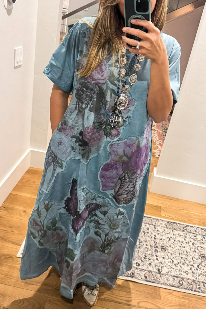 The Painted Garden Heirloom Blue Maxi Dress - 100% Cotton