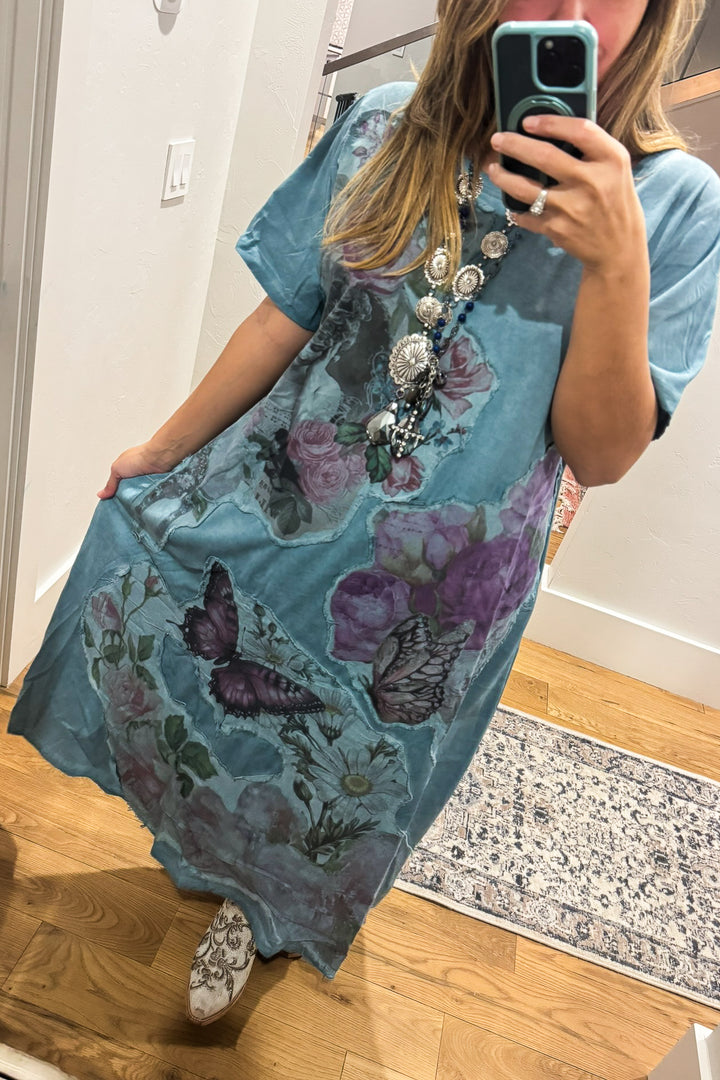 The Painted Garden Heirloom Blue Maxi Dress - 100% Cotton