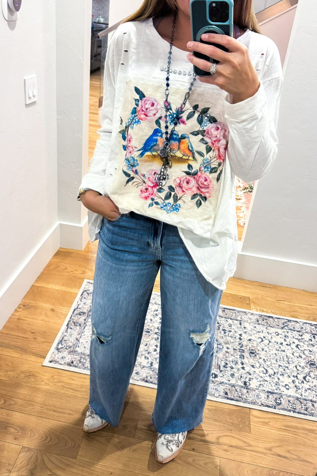 Songbirds Floral Cotton Top - 100% Cotton -3/4 Sleeves