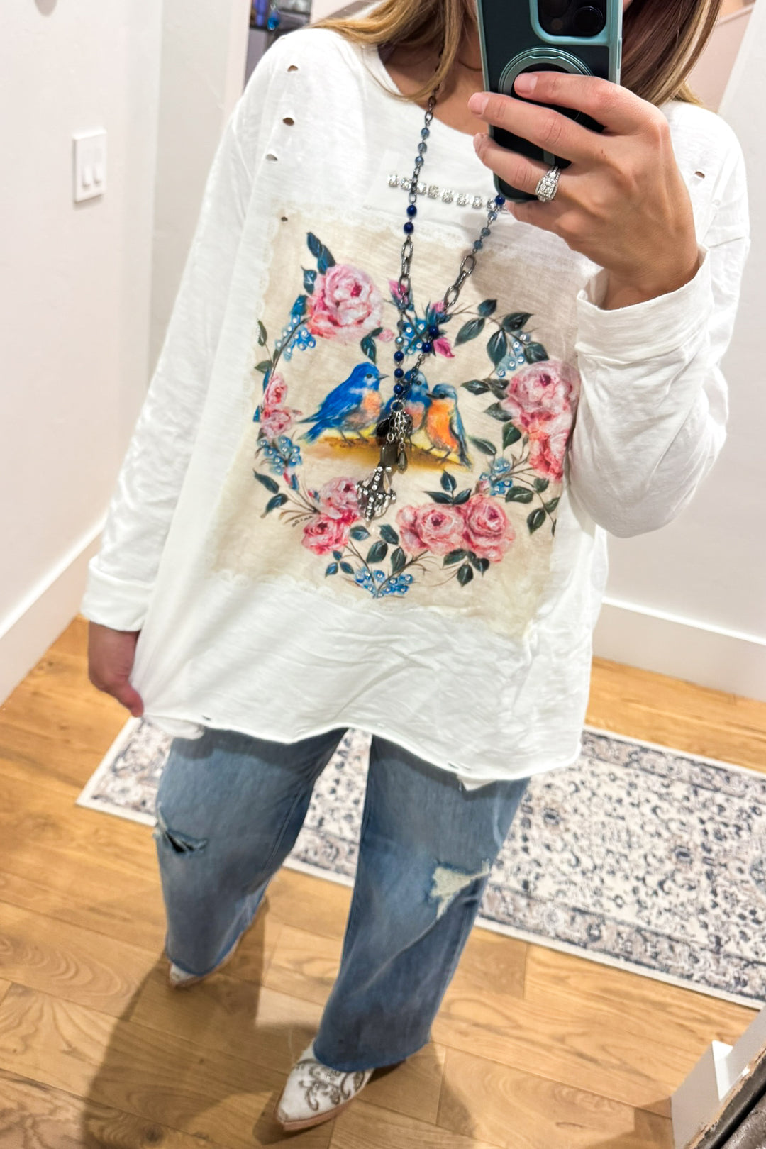Songbirds Floral Cotton Top - 100% Cotton -3/4 Sleeves