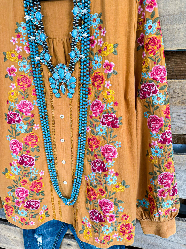 AHB EXCLUSIVE: Dearly Loved Embroidery Top - Mustard - 100% COTTON - SALE
