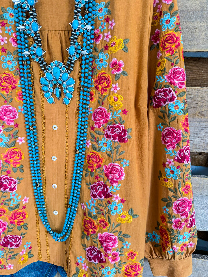 AHB EXCLUSIVE: Dearly Loved Embroidery Top - Mustard - 100% COTTON - SALE