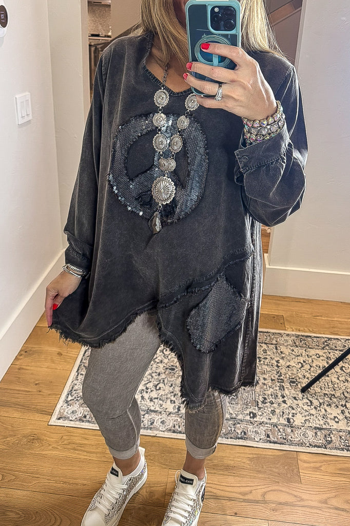 Made in Italy Sequin Peace Patch Cotton Tunic – Washed Charcoal