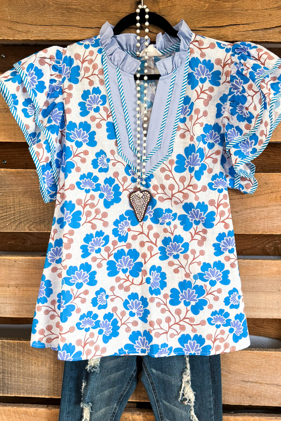 Brilliant Bouquets Top - Blue - 100% COTTON