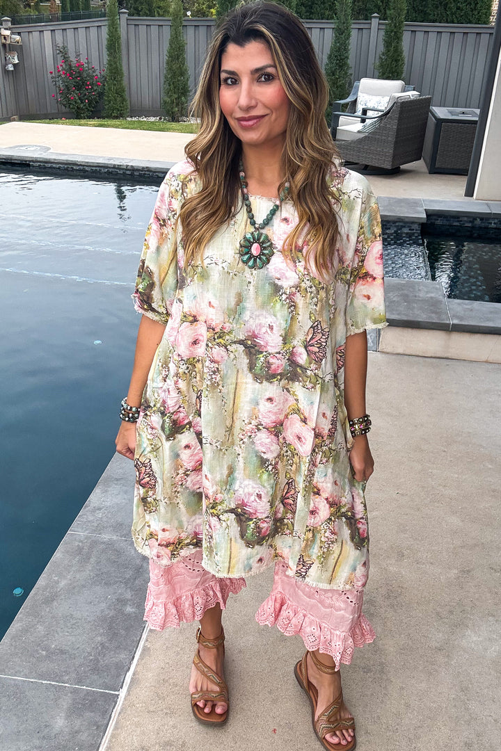 Butterfly Vintage Shabby Chic Linen Dress – Oversized Fit - 100% Linen