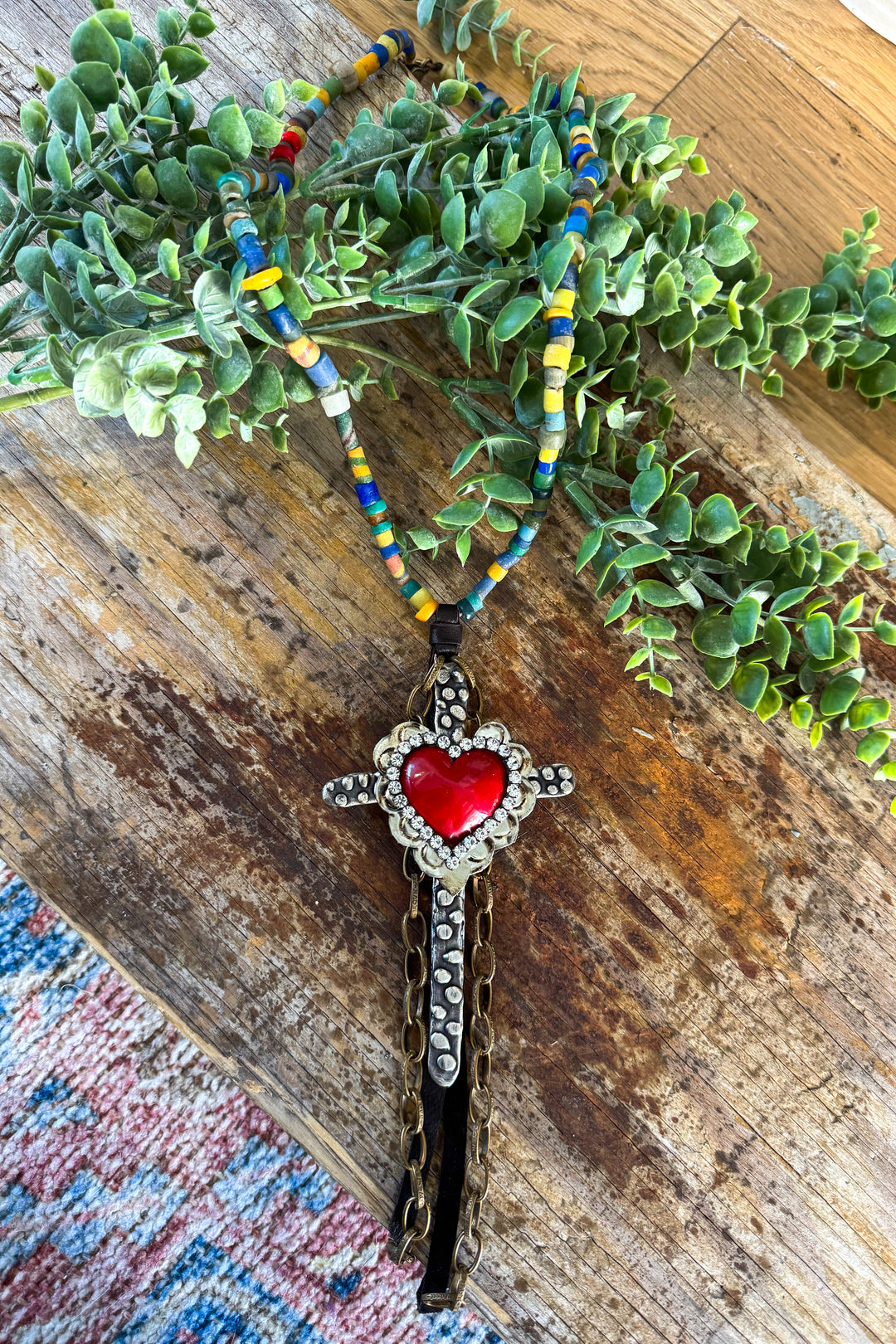 HANDMADE Jaded Gypsy Long Necklace - Cross Red Heart