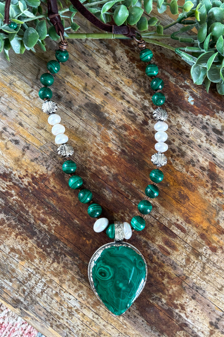 Handmade in Texas Malachite Gemstone and Freshwater Pearl