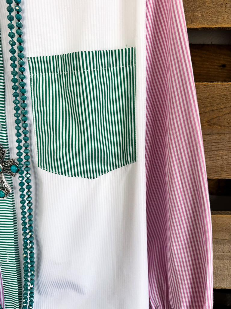 Looking For Tomorrow Button Up Blouse - Kelly Green Pink - SALE