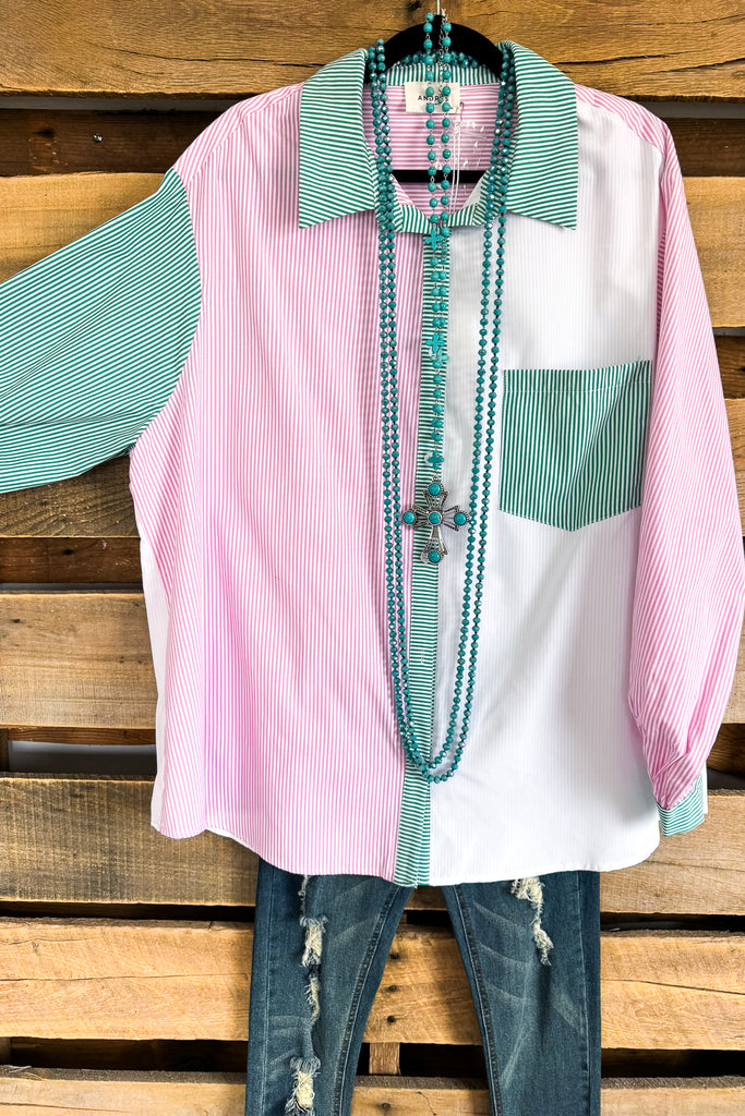 Looking For Tomorrow Button Up Blouse - Kelly Green Pink - SALE