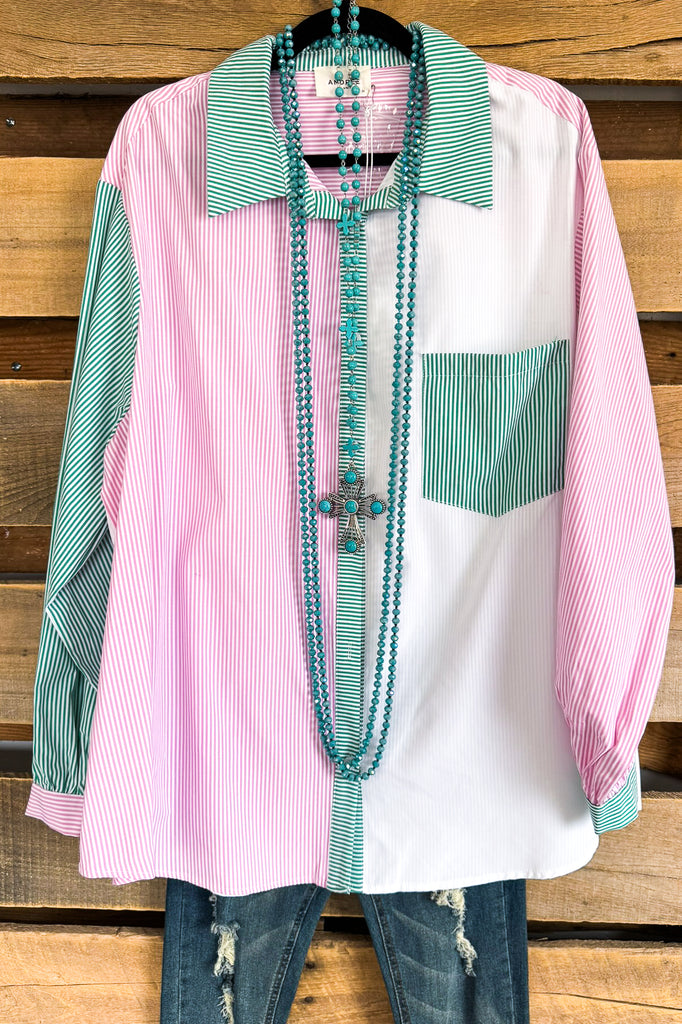 Looking For Tomorrow Button Up Blouse - Kelly Green Pink - SALE