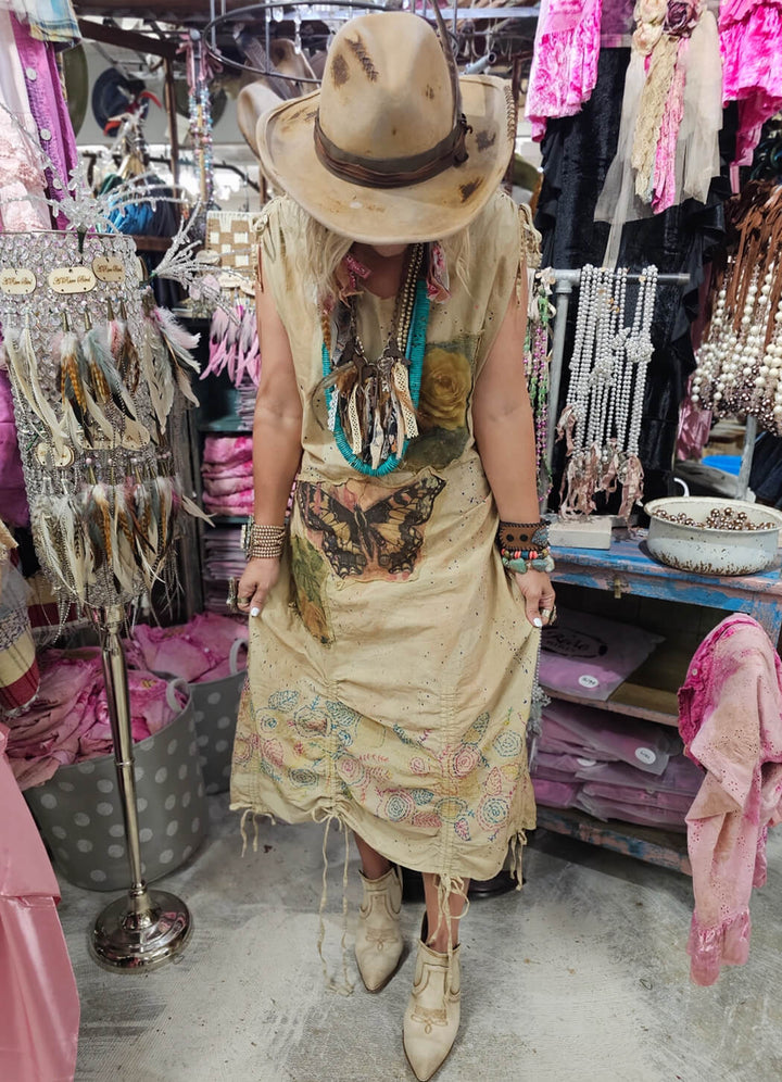 Butterfly Canvas Dress - Tan - 100% Cotton